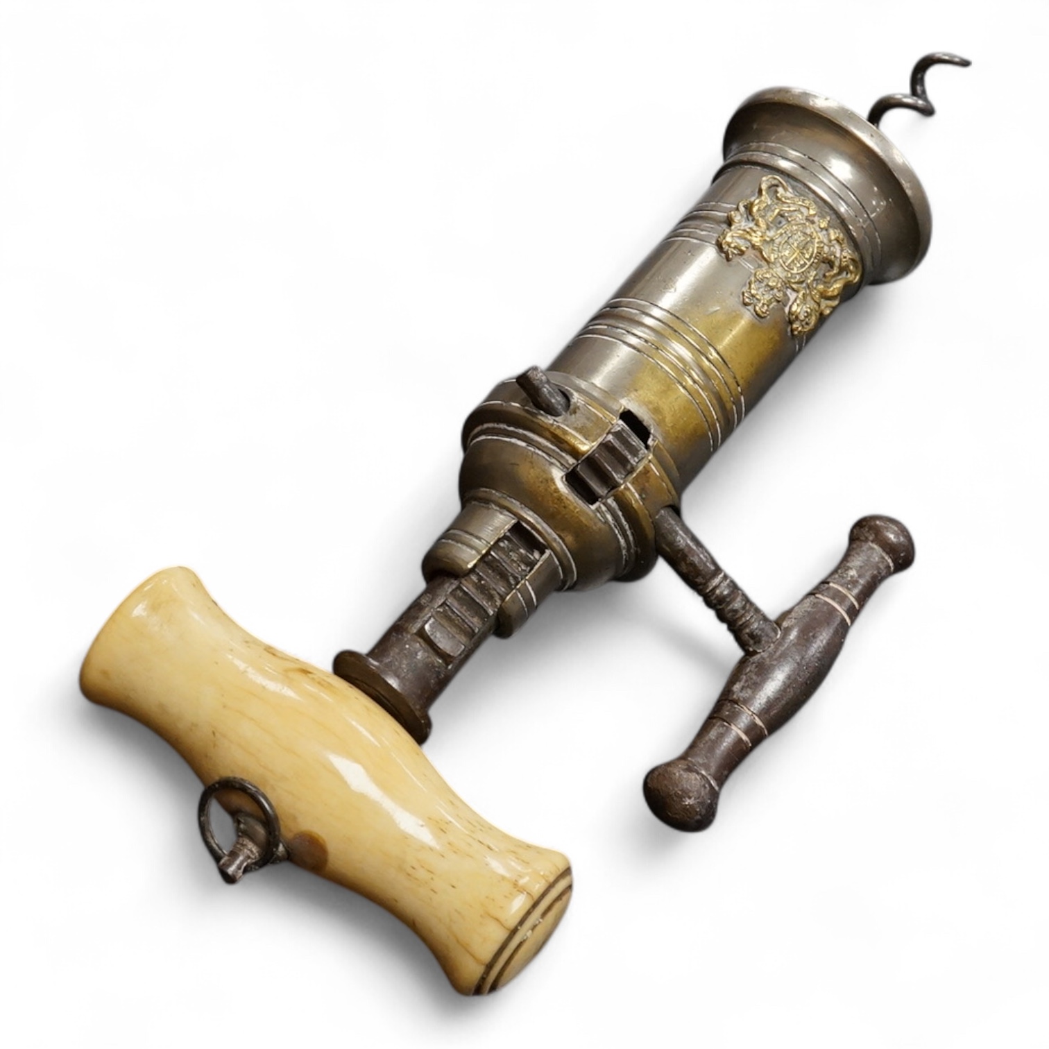A Thomason type double helix corkscrew with bone handle, 20cm in length